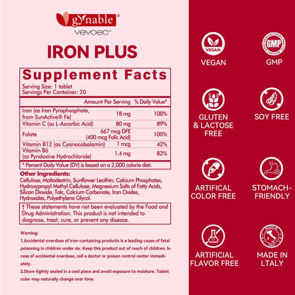 Gentle Iron Plus for Women – 18 mg Slow-Release Iron, Folic Acid, B12, Vitamin C & B6 | 20 Tablets