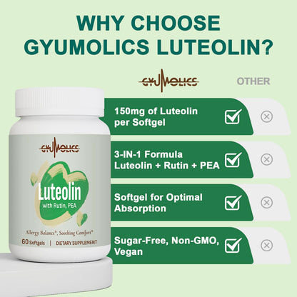 Gyumolics Luteolin 300mg - 150mg Luteolin, 75mg Rutin, 75mg PEA | Vegetarian, Gluten-Free, 60 Softgels