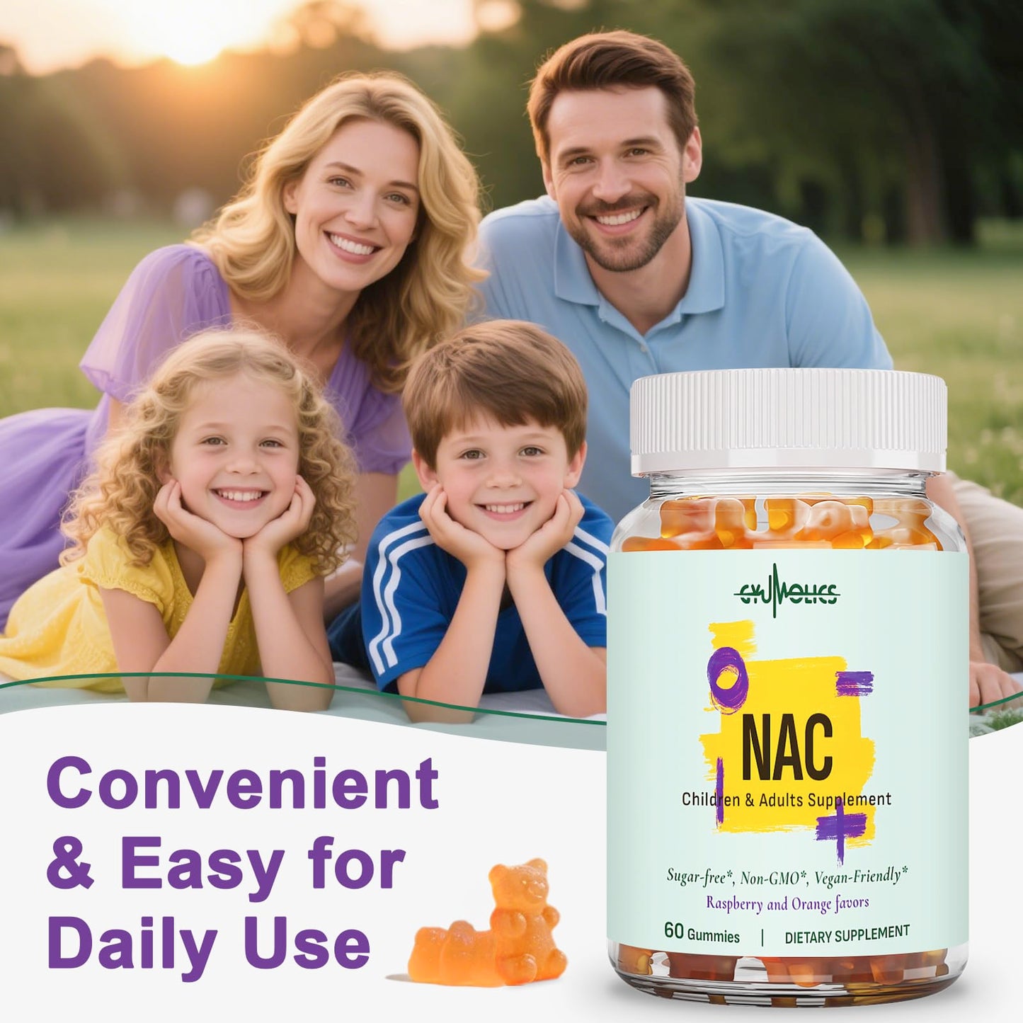 Gyumolics NAC Gummies 1000mg for Adults & 500mg for Kids - Vegan Sugar-Free, 60 Gummies