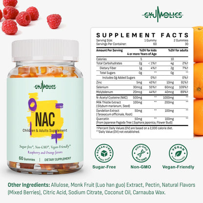 Gyumolics NAC Gummies 1000mg for Adults & 500mg for Kids - Vegan Sugar-Free, 60 Gummies