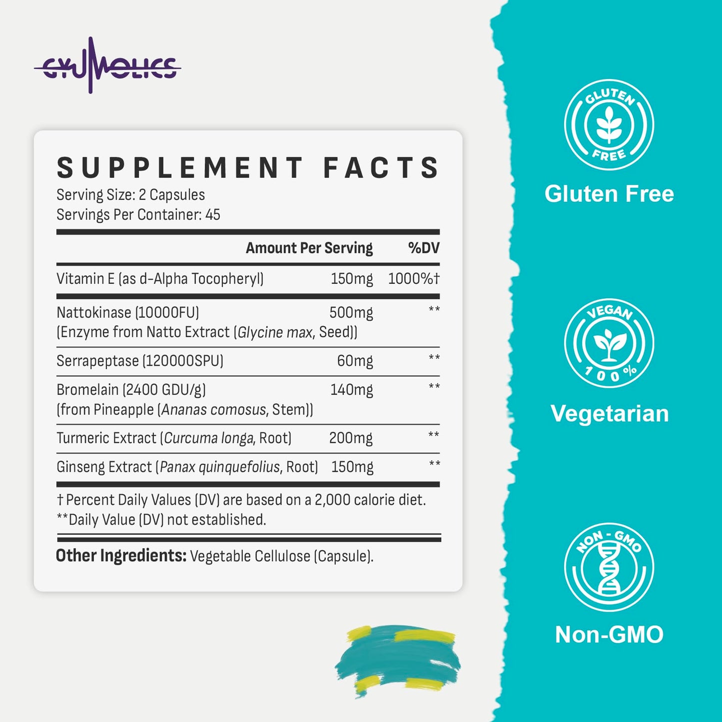 Gyumolics Nattokinase 10000FU Supplement – Organic Enzymes, Serrapeptase, Bromelain, Curcumin, Vitamin E & Ginseng, 90 Capsules
