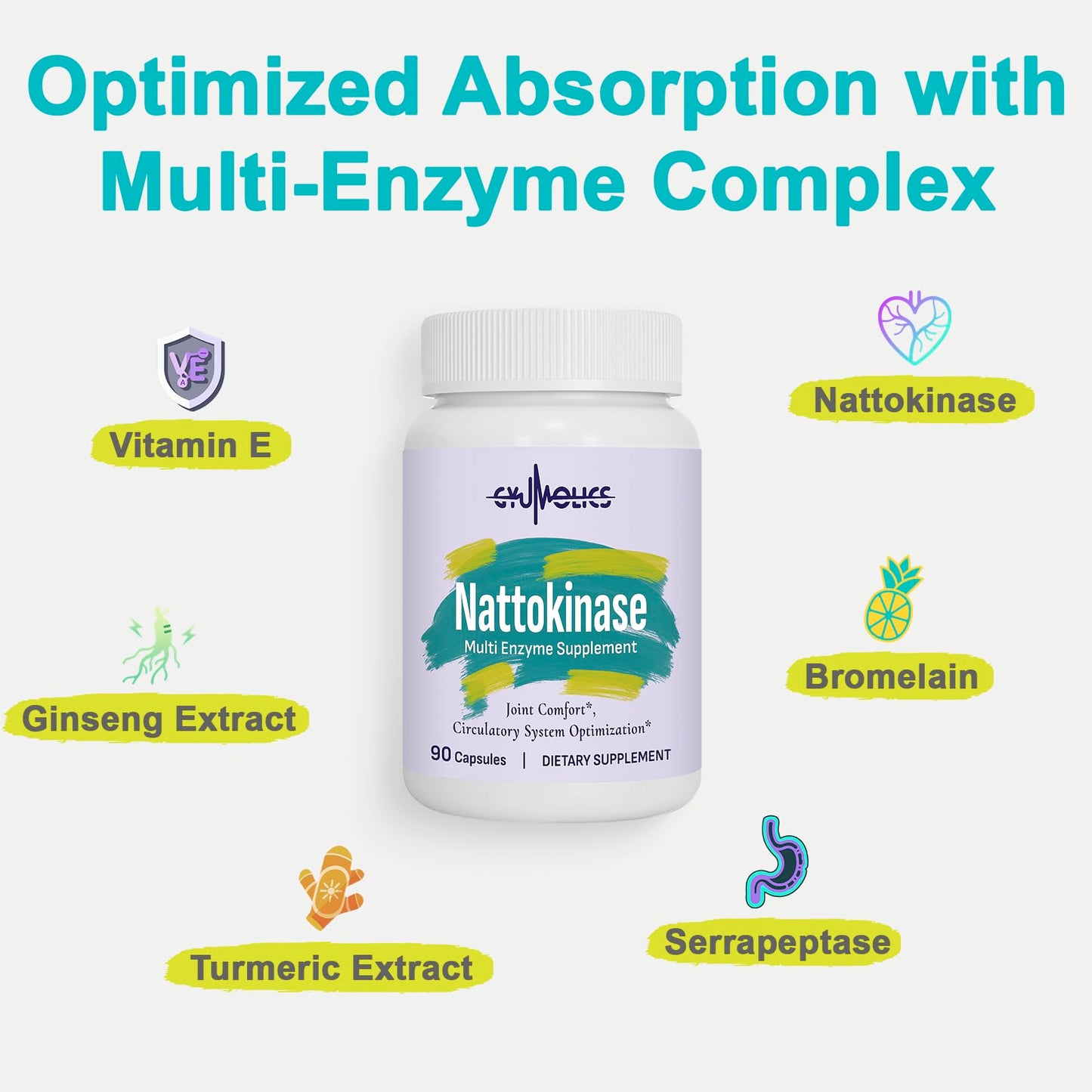 Gyumolics Nattokinase 10000FU Supplement – Organic Enzymes, Serrapeptase, Bromelain, Curcumin, Vitamin E & Ginseng, 90 Capsules