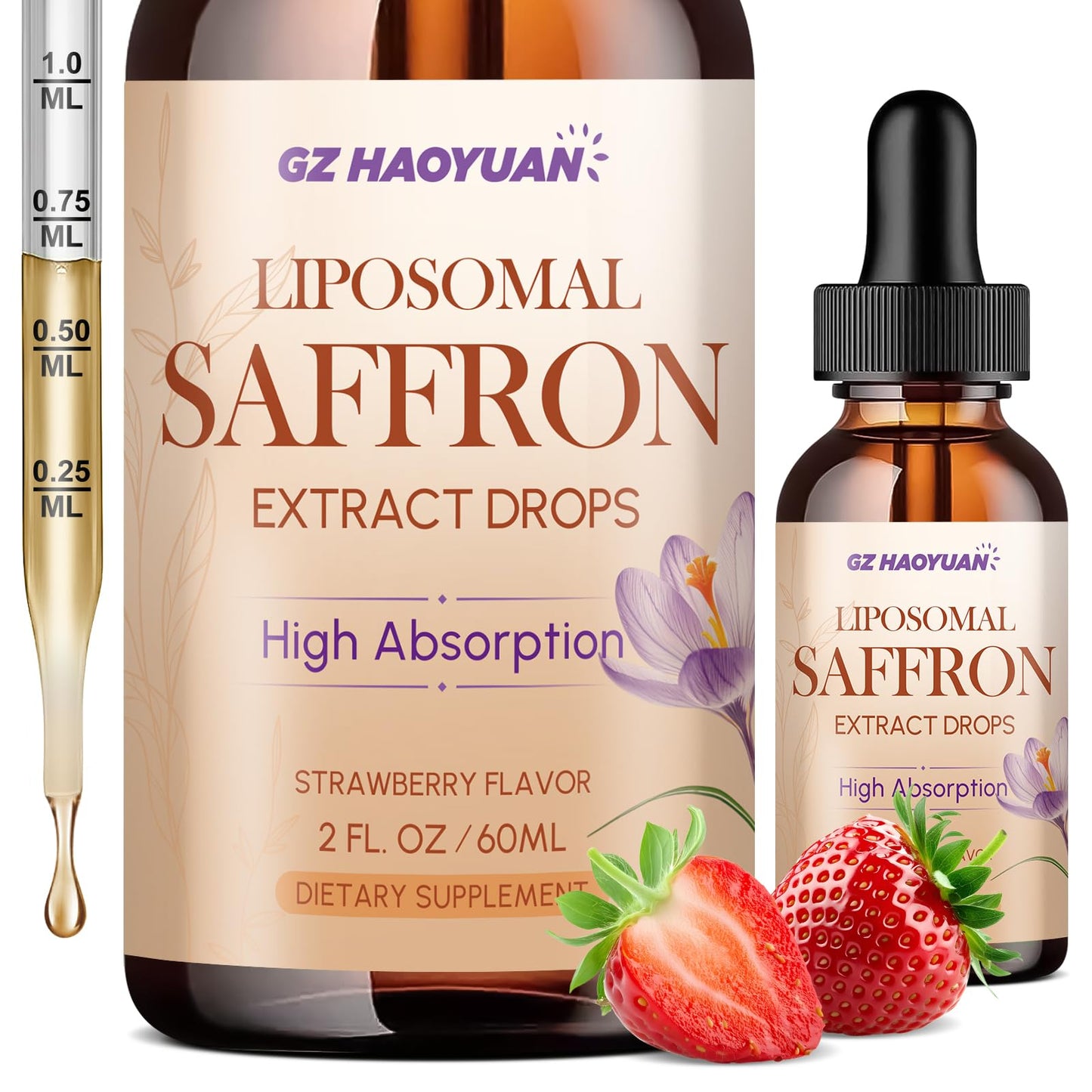 GZ HAOYUAN Liposomal Saffron Drops – 89 mg Extract with Ashwagandha, Turmeric & Vitamins A & D3 (Strawberry, 2 oz)