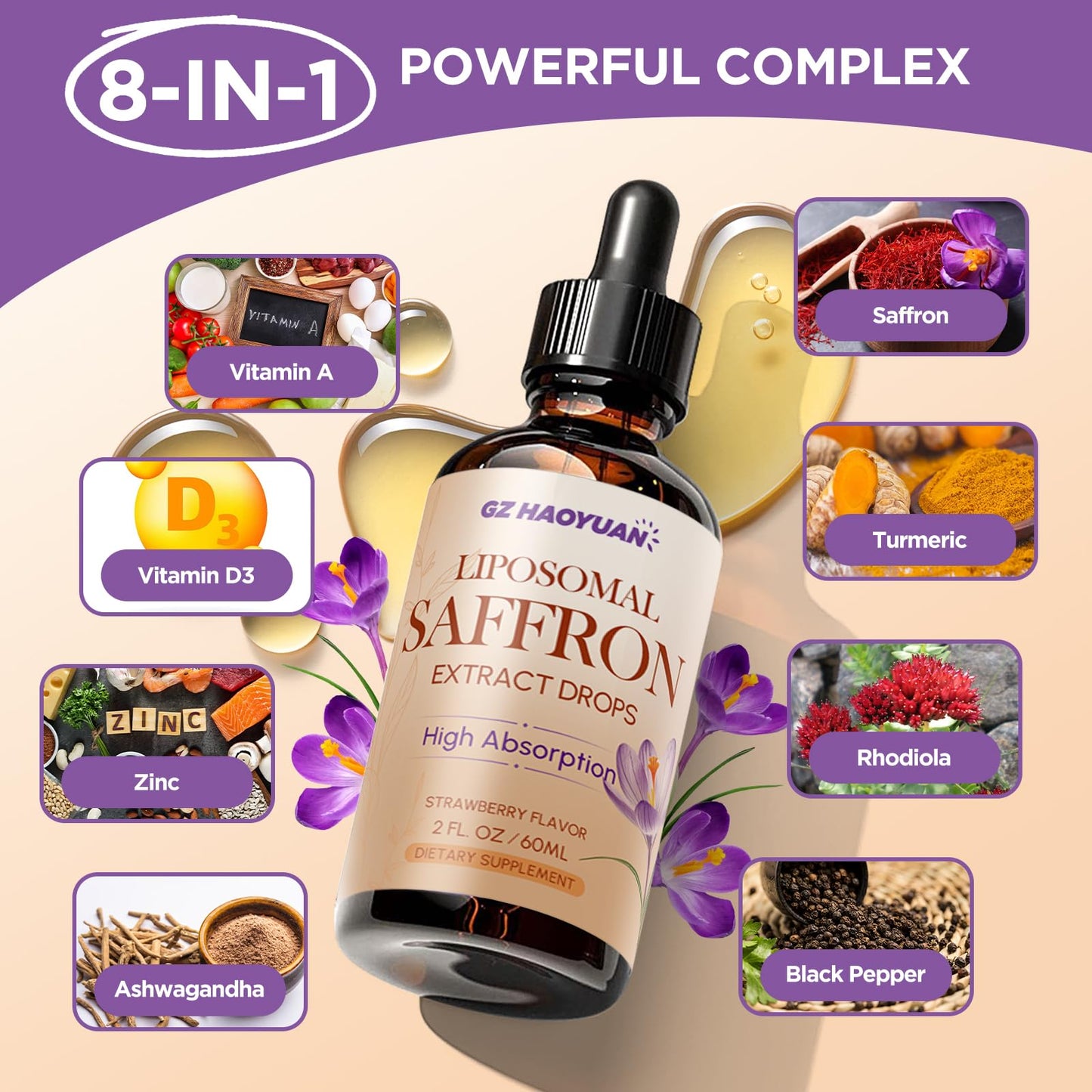 GZ HAOYUAN Liposomal Saffron Drops – 89 mg Extract with Ashwagandha, Turmeric & Vitamins A & D3 (Strawberry, 2 oz)