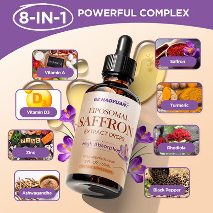 GZ HAOYUAN Liposomal Saffron Drops – 89 mg Extract with Ashwagandha, Turmeric & Vitamins A & D3 (Strawberry, 2 oz)