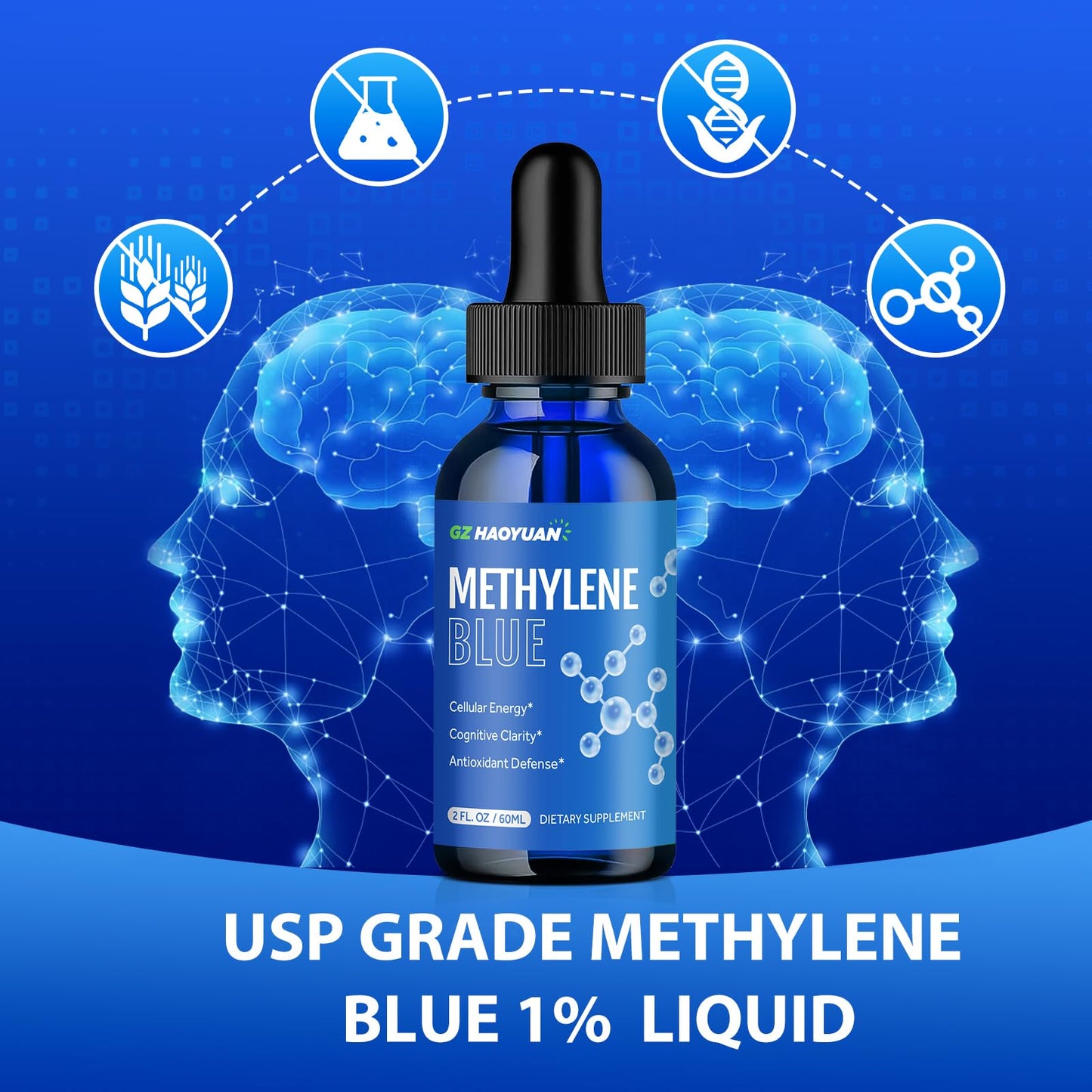 GZ HAOYUAN Methylene Blue Drops 1% USP Grade – Brain Health & Cellular Metabolism (2 fl oz)