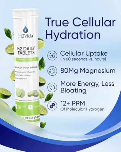 H2Vida Hydrogen Water Tablets – Magnesium for Energy, Detox, Hydration & Focus | Lemon Lime, 20 Tablets