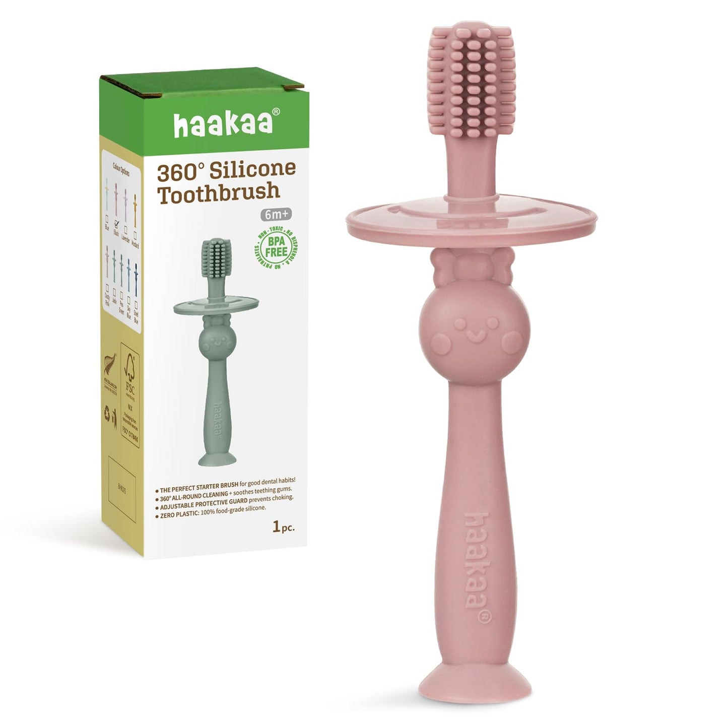 Haakaa 360° Baby Toothbrush with Suction Base – Gentle Self-Brushing Training (Blush)