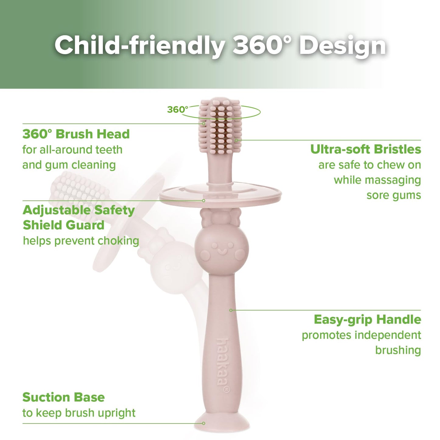 Haakaa 360° Baby Toothbrush with Suction Base – Dusty Pink (1 Piece)