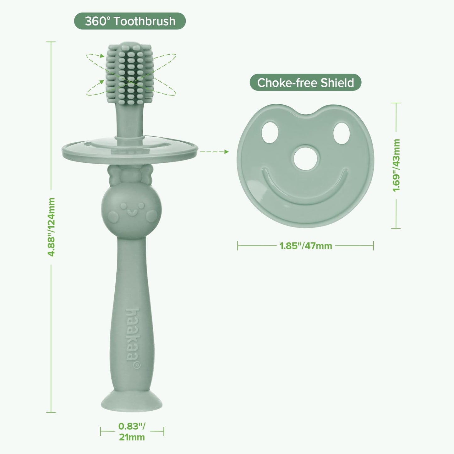 Haakaa 360° Baby Toothbrush with Suction Base – Gentle 360° Cleaning (Pea Green)