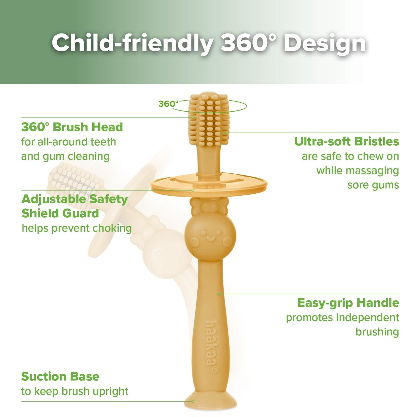 Haakaa 360° Baby Toothbrush with Suction Base – Toddler Self-Brushing Training, Food-Grade Silicone, Mustard