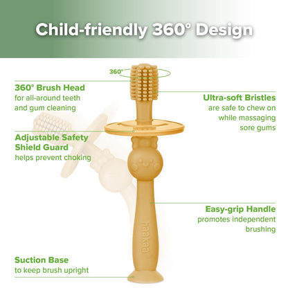 Haakaa 360° Baby Toothbrush with Suction Base – Toddler Self-Brushing Training, Food-Grade Silicone, Mustard