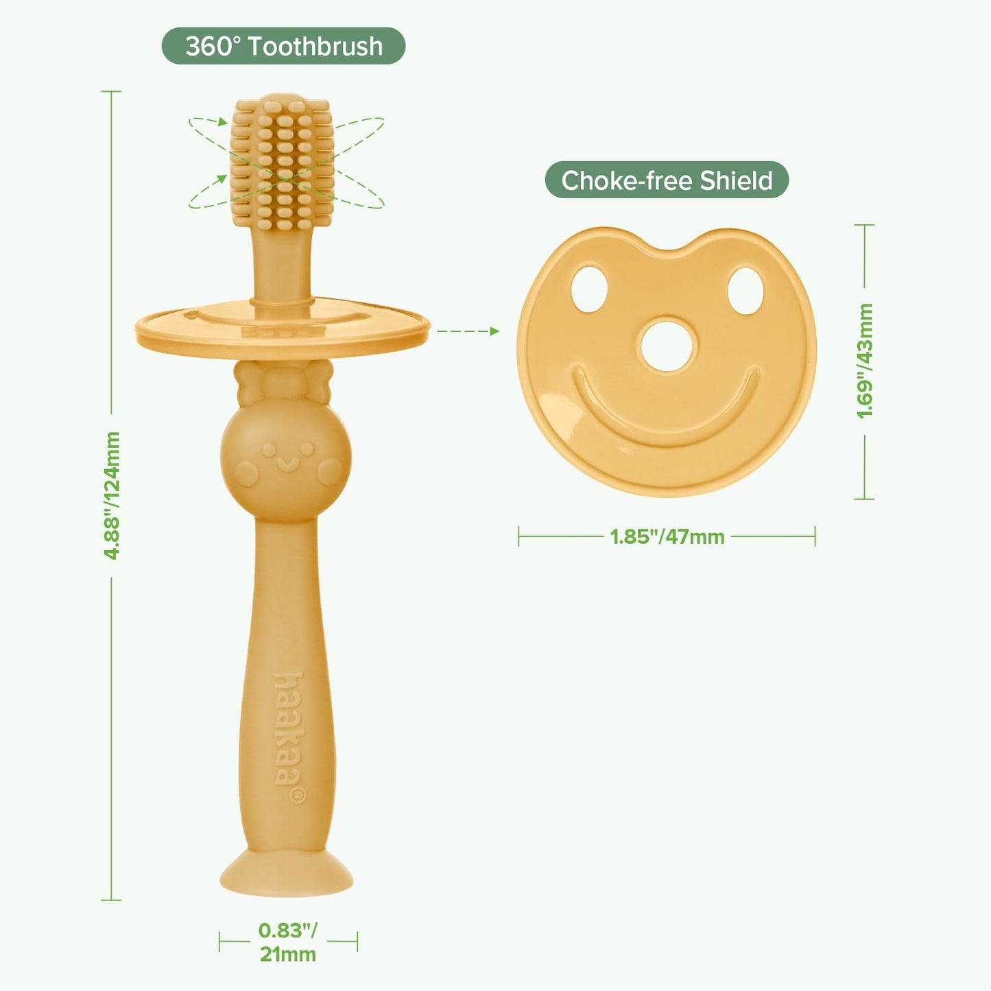 Haakaa 360° Baby Toothbrush with Suction Base – Toddler Self-Brushing Training, Food-Grade Silicone, Mustard
