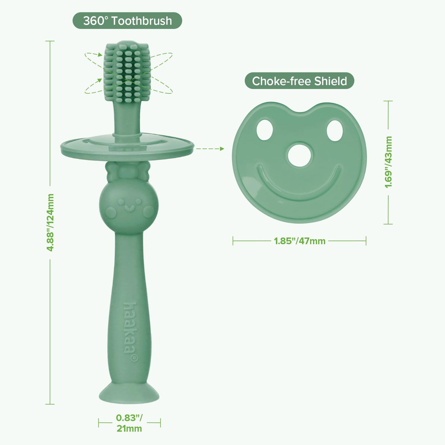 Haakaa 360° Baby Toothbrush with Suction Base - Jade, 360° Cleaning & Food-Grade Silicone