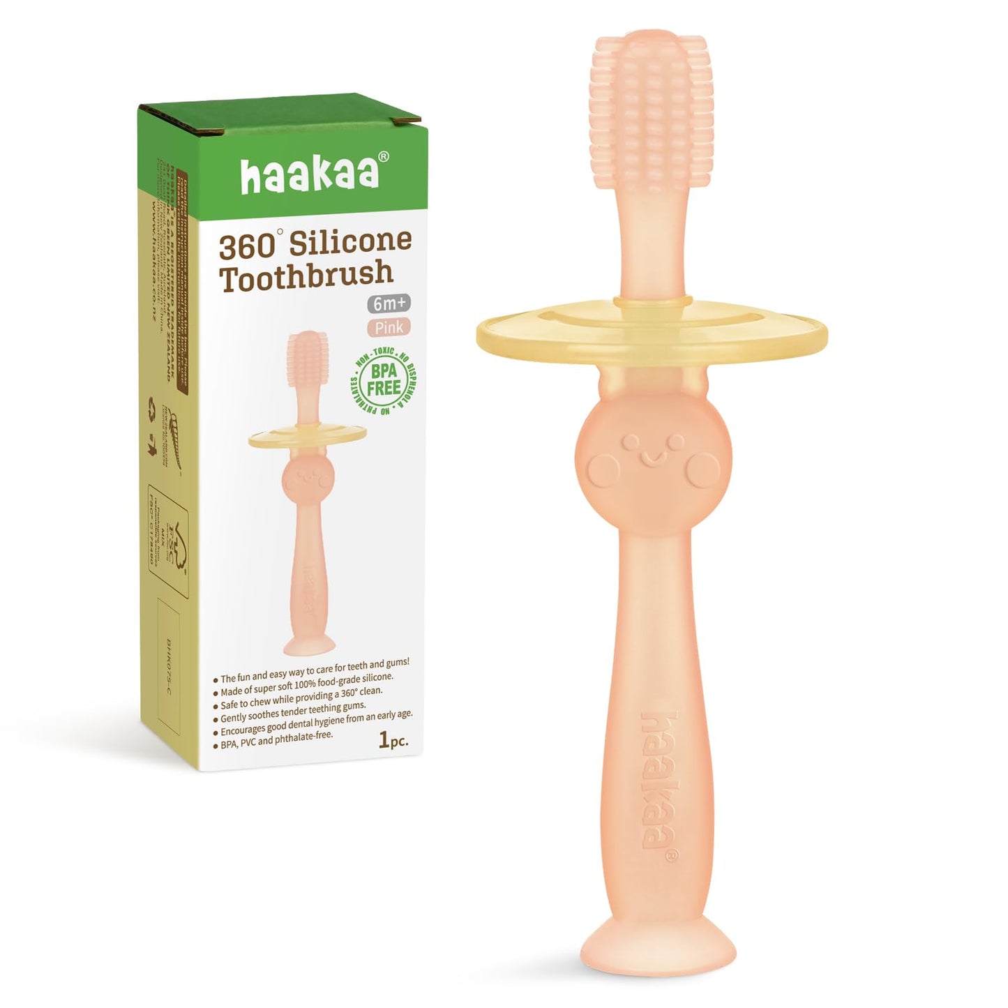Haakaa 360° Baby Toothbrush with Suction Base – Gentle Cleaning for Toddler, Food-Grade Silicone, Adjustable Safety Shield – Pink (1 Piece)