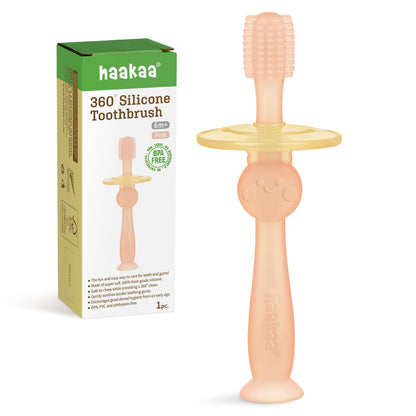 Haakaa 360° Baby Toothbrush with Suction Base – Gentle Cleaning for Toddler, Food-Grade Silicone, Adjustable Safety Shield – Pink (1 Piece)