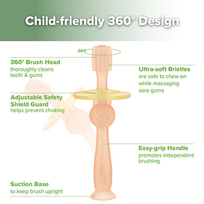 Haakaa 360° Baby Toothbrush with Suction Base – Gentle Cleaning for Toddler, Food-Grade Silicone, Adjustable Safety Shield – Pink (1 Piece)