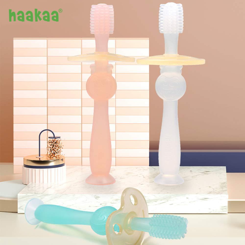 Haakaa 360° Baby Toothbrush with Suction Base – Gentle Cleaning for Toddler, Food-Grade Silicone, Adjustable Safety Shield – Pink (1 Piece)