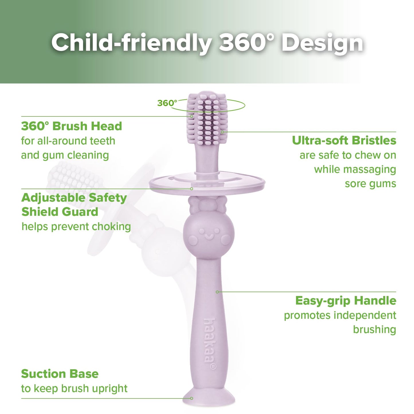 Haakaa 360° Baby Toothbrush with Suction Base | Gentle Cleaning for Infants, Sorft Food-Grade Silicone, Lavender