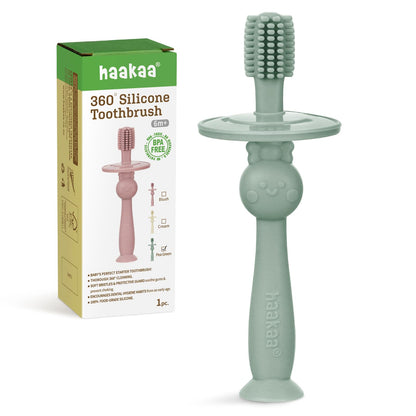 Haakaa 360° Baby Toothbrush with Suction Base – Gentle 360° Cleaning (Pea Green)