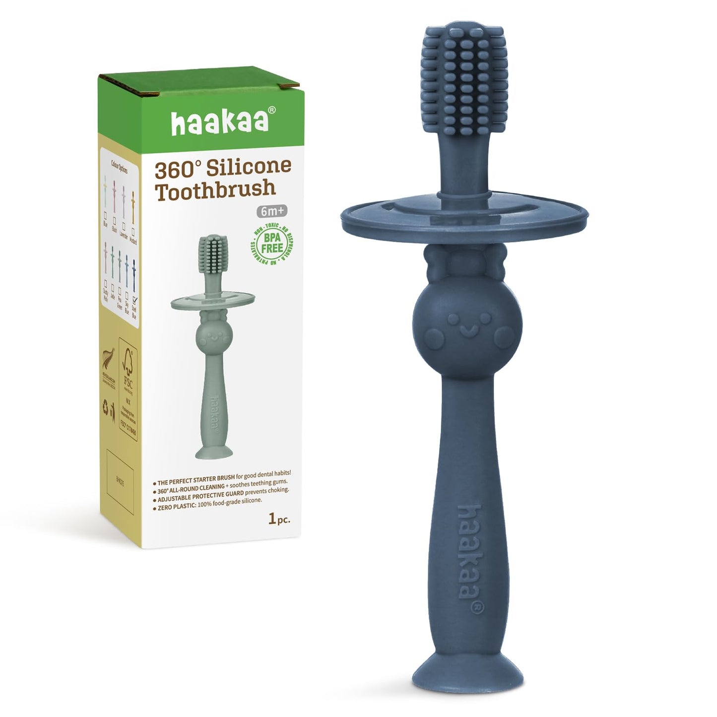 Haakaa 360° Baby Toothbrush with Suction Base – Gentle Cleaning for Infants, Steel Blue (1 Piece)