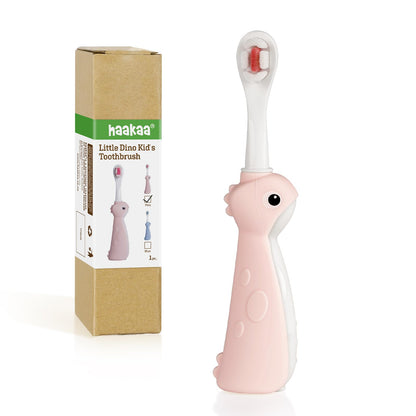 Haakaa Dinosaur Toothbrush for Kids 2-4 – Soft Bristles, Silicone Handle, Non-Slip Grip & Tongue Cleaner | BPA-Free, Pink - 1 Count
