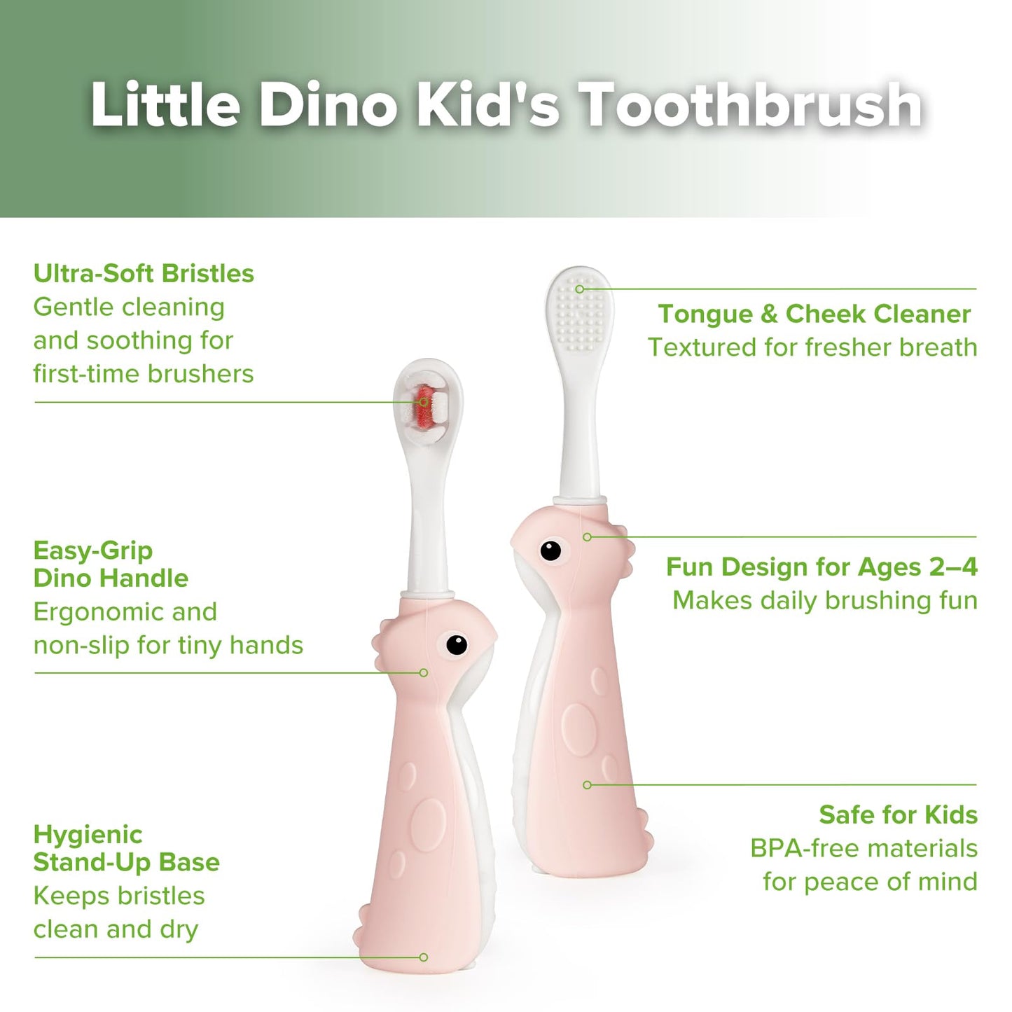 Haakaa Dinosaur Toothbrush for Kids 2-4 – Soft Bristles, Silicone Handle, Non-Slip Grip & Tongue Cleaner | BPA-Free, Pink - 1 Count