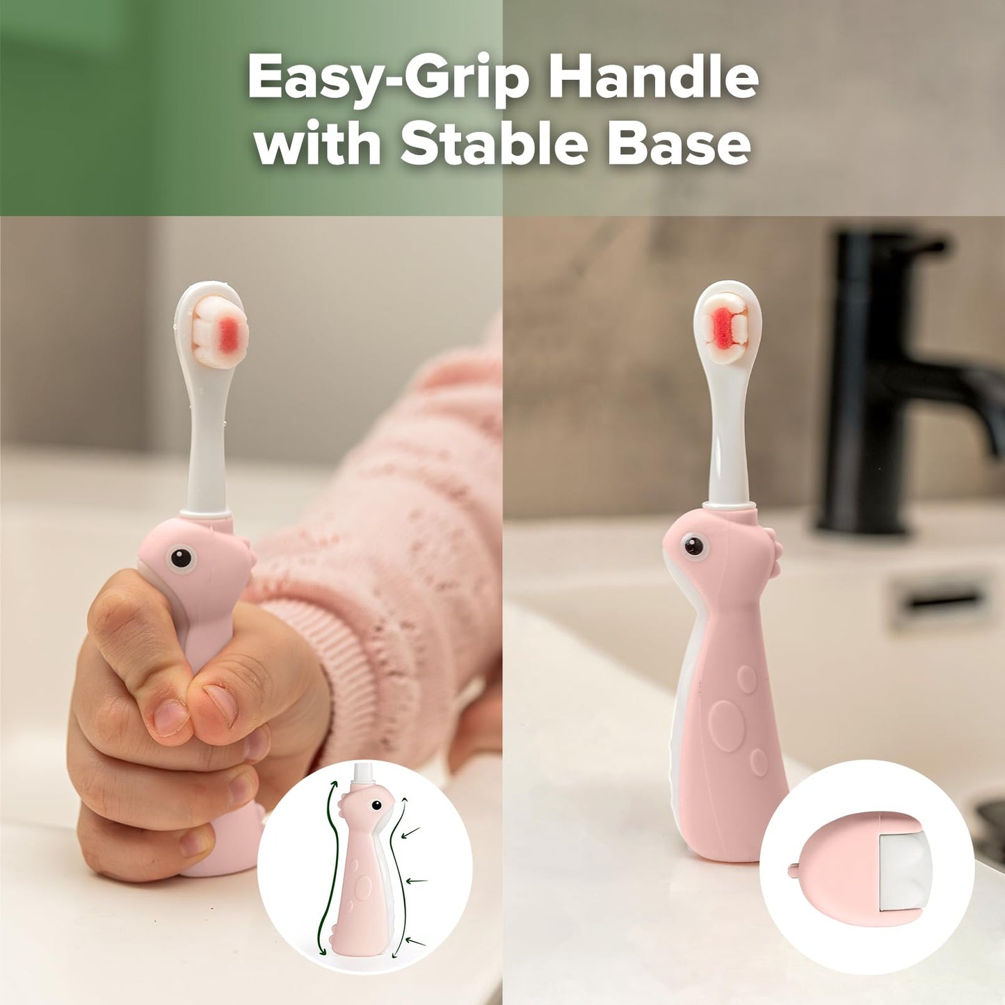 Haakaa Dinosaur Toothbrush for Kids 2-4 (Pink) – Soft Bristles, Silicone Handle, BPA-Free, 2 Count