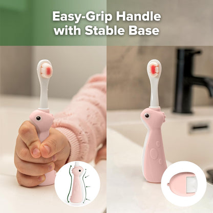 Haakaa Dinosaur Toothbrush for Kids 2-4 (Pink) – Soft Bristles, Silicone Handle, BPA-Free, 2 Count