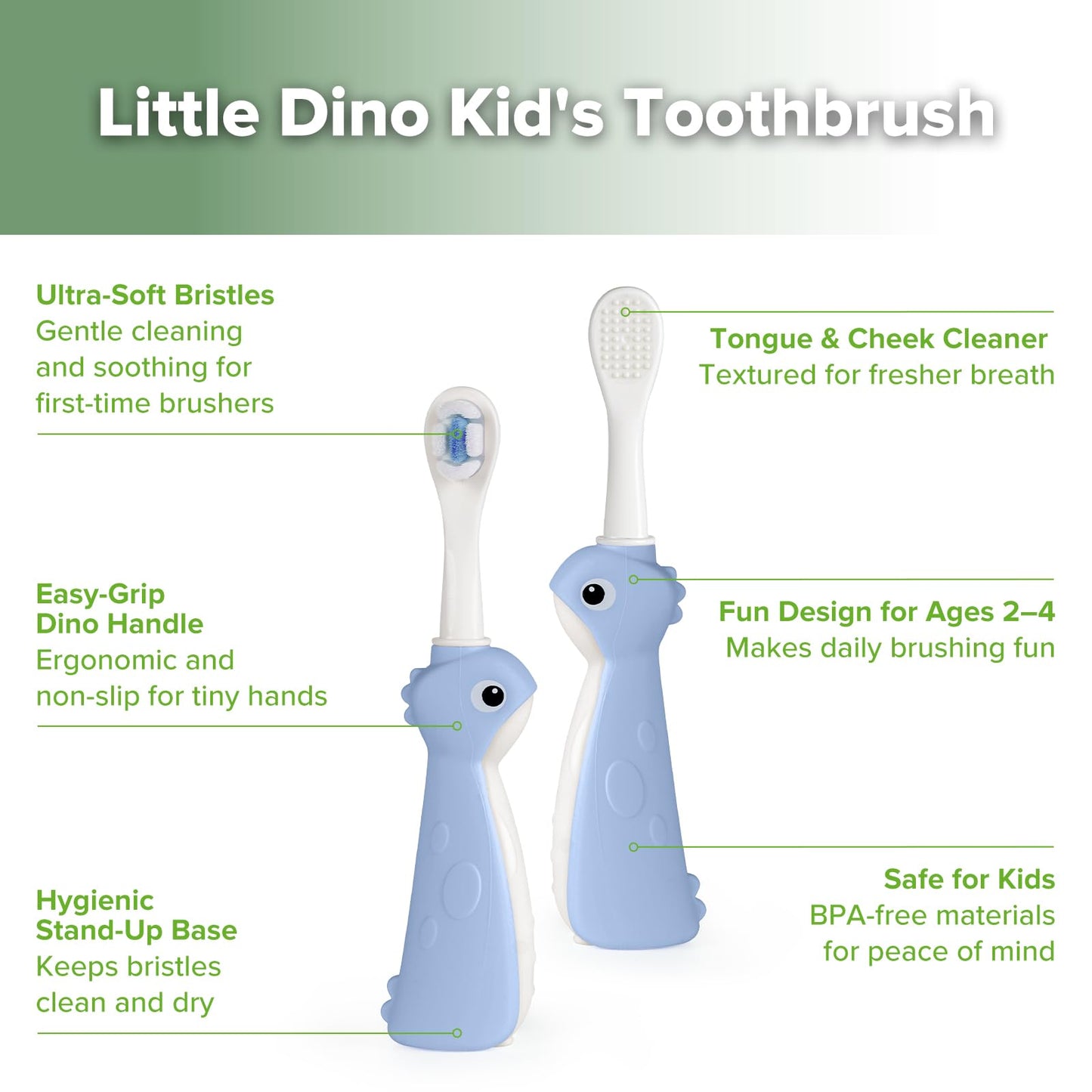 Haakaa Dinosaur Toothbrush for Kids 2-4 - Soft Bristles & Tongue Cleaner, BPA-Free