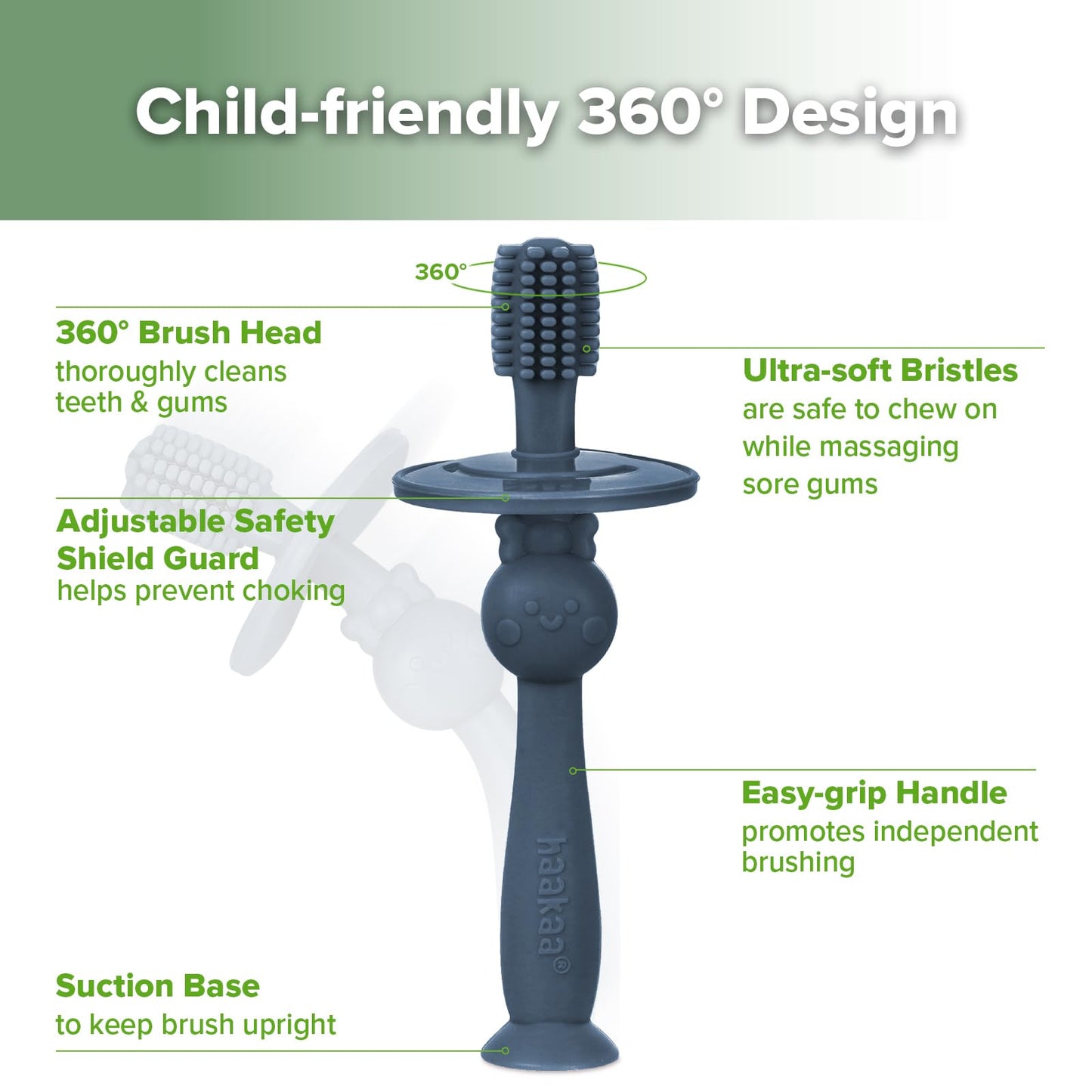 Haakaa 360° Baby Toothbrush with Suction Base – Gentle Cleaning for Infants, Steel Blue (1 Piece)