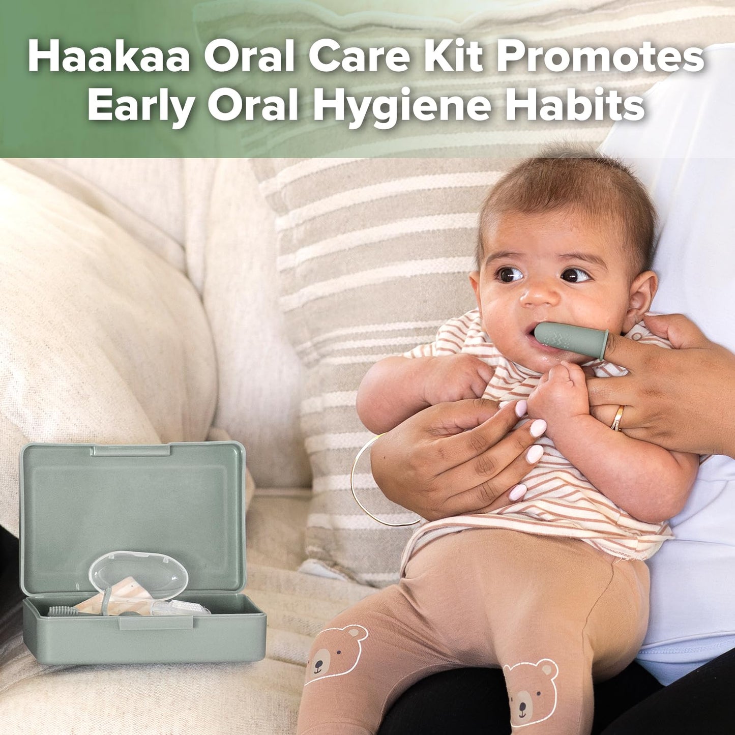 haakaa Training Toothbrush Set - Soft Silicone Baby Toothbrush Kit (Pea Green)