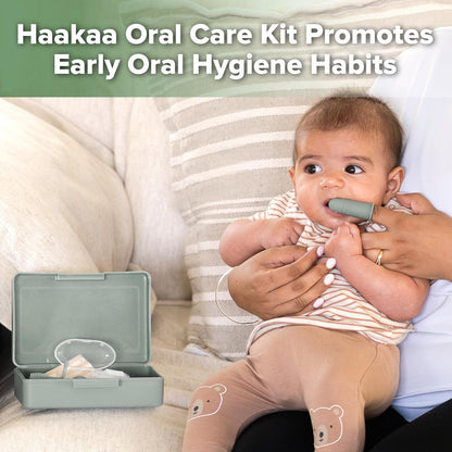 haakaa Training Toothbrush Set - Soft Silicone Baby Toothbrush Kit (Pea Green)