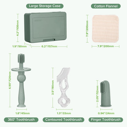 haakaa Training Toothbrush Set - Soft Silicone Baby Toothbrush Kit (Pea Green)
