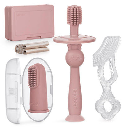haakaa Training Toothbrush Set - Soft Silicone Baby Toothbrush Kit (Blush)