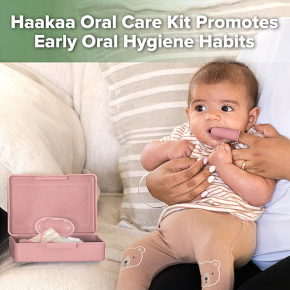 haakaa Training Toothbrush Set - Soft Silicone Baby Toothbrush Kit (Blush)