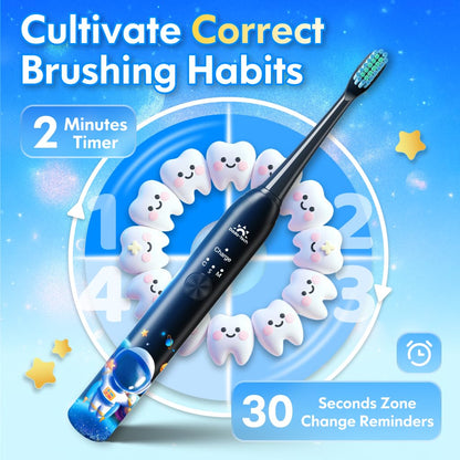Kids Electric Toothbrush – Rechargeable Sonic Timer, 3 Modes, 4 Heads (Astronaut Black)
