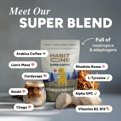 HabitONE Organic Mushroom Coffee Arabica – Lion’s Mane, Cordyceps, Reishi, Chaga – Alpha-GPC & L-Tyrosine – B12 & B3 – 30 Servings – Made in USA