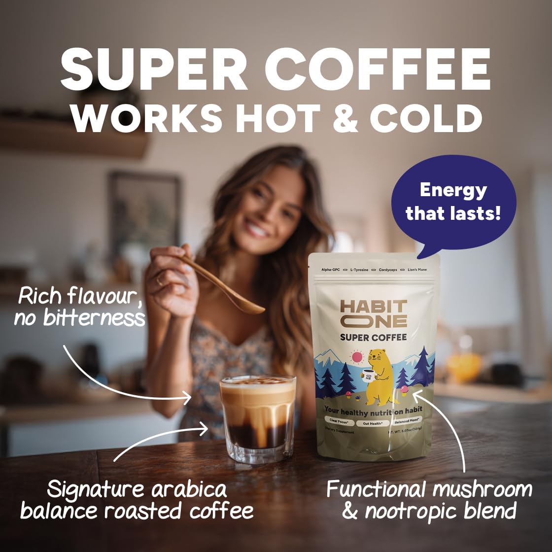 HabitONE Organic Mushroom Coffee Arabica – Lion’s Mane, Cordyceps, Reishi, Chaga – Alpha-GPC & L-Tyrosine – B12 & B3 – 30 Servings – Made in USA