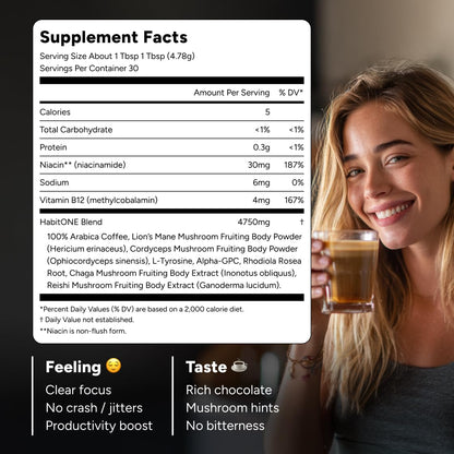 HabitONE Organic Mushroom Coffee Arabica – Lion’s Mane, Cordyceps, Reishi, Chaga – Alpha-GPC & L-Tyrosine – B12 & B3 – 30 Servings – Made in USA