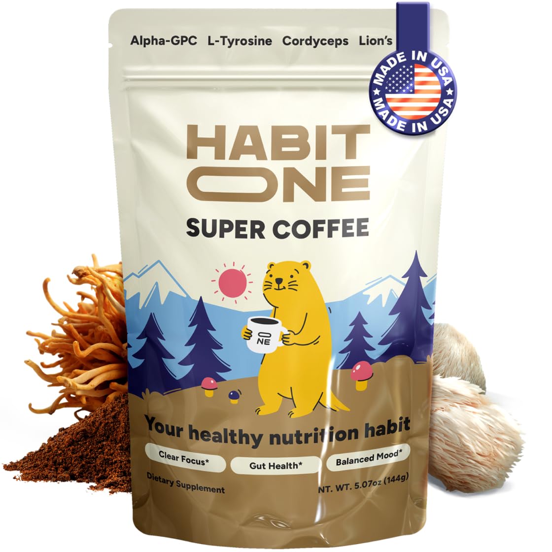 HabitONE Organic Mushroom Coffee Arabica – Lion’s Mane, Cordyceps, Reishi, Chaga – Alpha-GPC & L-Tyrosine – B12 & B3 – 30 Servings – Made in USA