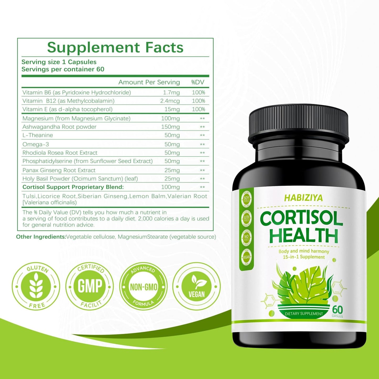 HABIZIYA Cortisol Support Supplement - 15-in-1 Hormone Balance (60 Capsules) with Magnesium Glycinate, L-Theanine, Ashwagandha