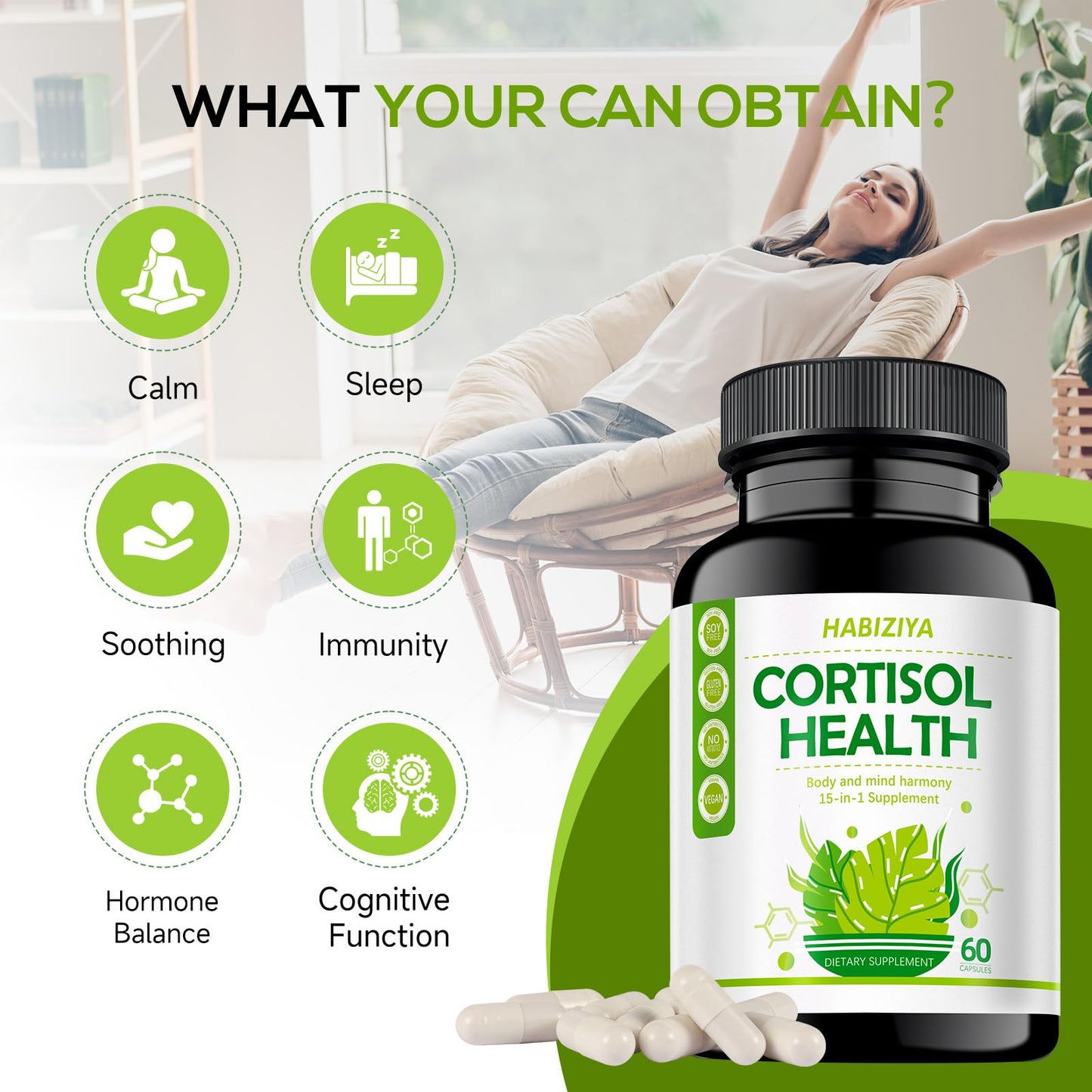 HABIZIYA Cortisol Manager – Adrenal Support for Women & Men (60 Count) | Ashwagandha, Rhodiola Rosea, Holy Basil | Vegan & Non-GMO