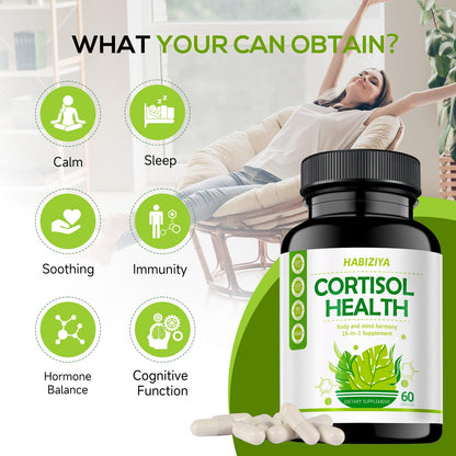 HABIZIYA Cortisol Manager – Adrenal Support for Women & Men (60 Count) | Ashwagandha, Rhodiola Rosea, Holy Basil | Vegan & Non-GMO