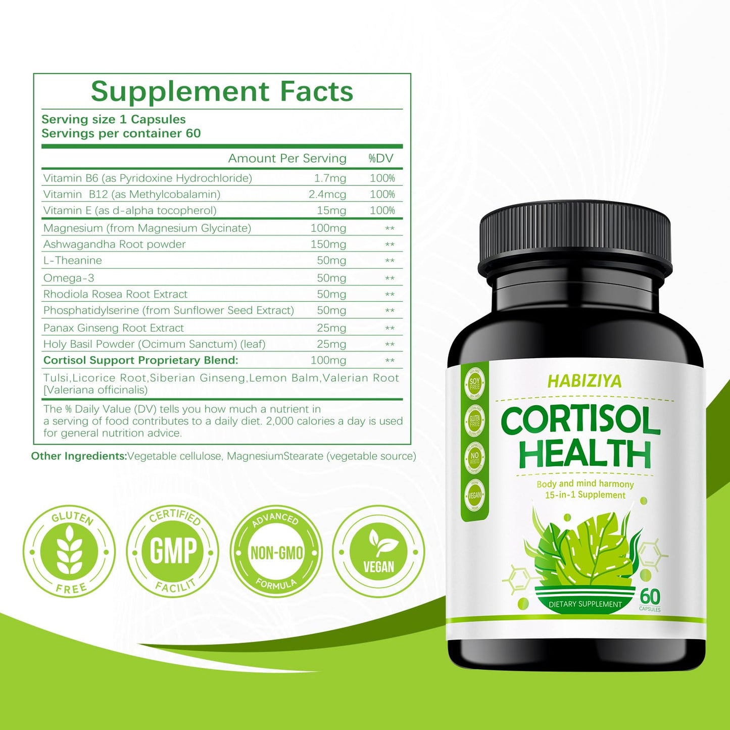 HABIZIYA Cortisol Manager – Adrenal Support for Women & Men (60 Count) | Ashwagandha, Rhodiola Rosea, Holy Basil | Vegan & Non-GMO