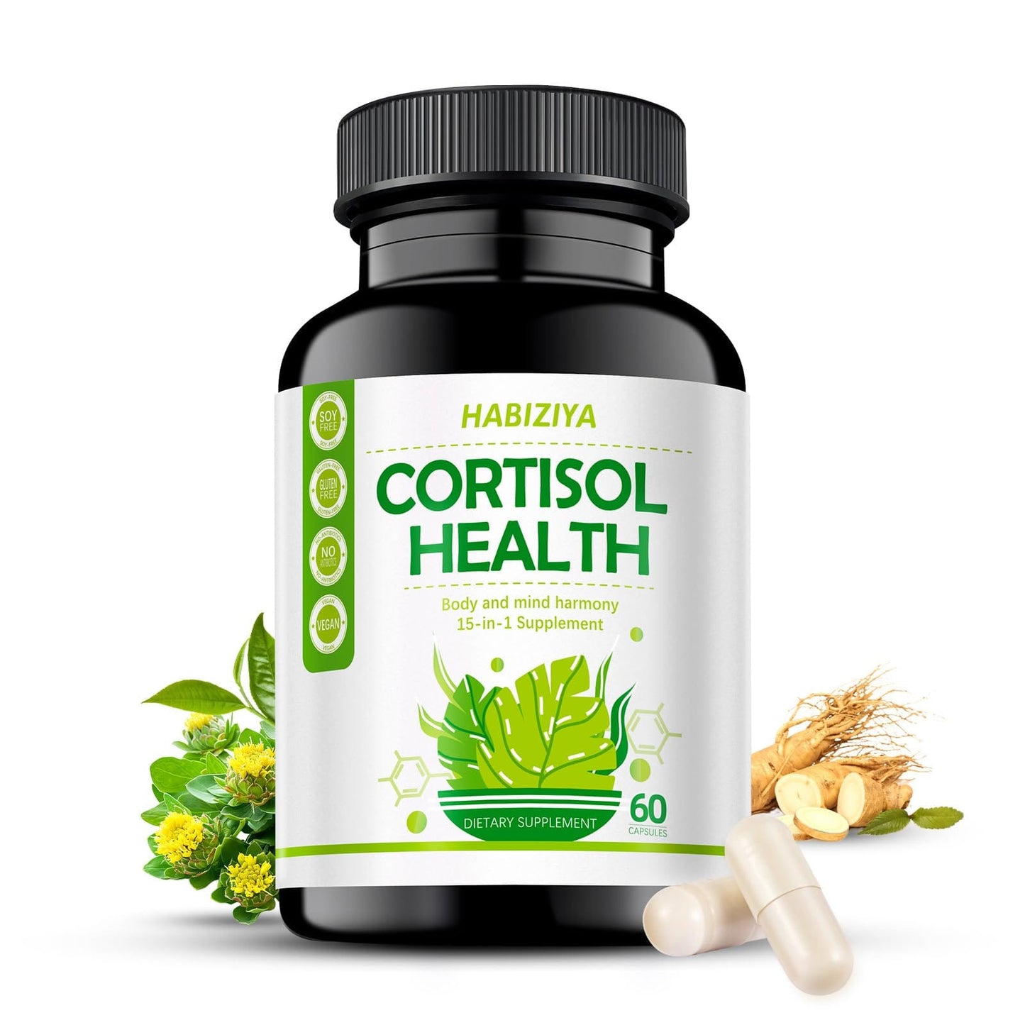 HABIZIYA Cortisol Support Supplement - 15-in-1 Hormone Balance (60 Capsules) with Magnesium Glycinate, L-Theanine, Ashwagandha