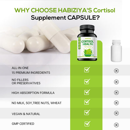 HABIZIYA Cortisol Support Supplement - 15-in-1 Hormone Balance (60 Capsules) with Magnesium Glycinate, L-Theanine, Ashwagandha