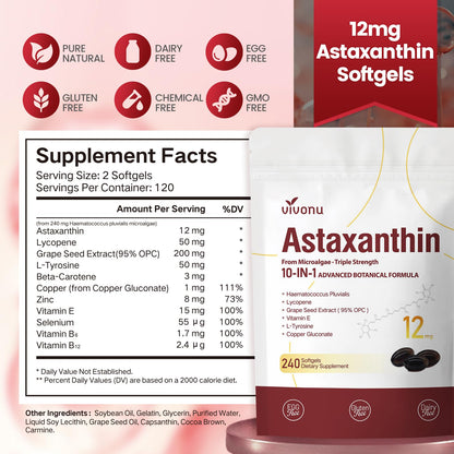 Astaxanthin 12mg – 240 Softgels | Haematococcus Pluvialis 10-in-1 Antioxidant for Eyes, Joints & Skin