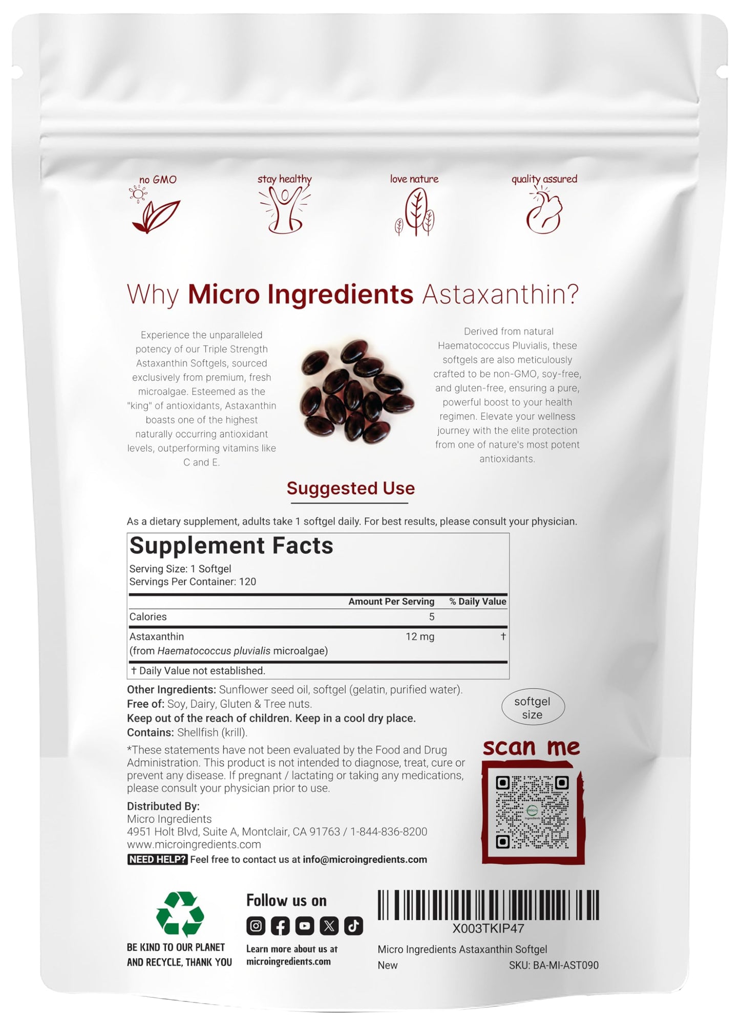 Micro Ingredients Astaxanthin 12mg – 120 Softgels (4 Month Supply) – Non-GMO, Soy Free