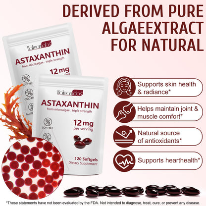 Astaxanthin 12mg Softgels – Triple Strength Antioxidant for Eye, Skin, Brain & Immune Support | 120 Count